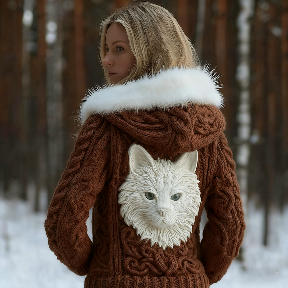 Comstylish Viking Retro Cat Design Women's Hooded Knit Sweater Jacket