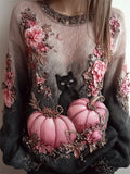 Black Cat & Pink Pumpkins Floral Gradient Knit Sweater elevenforest