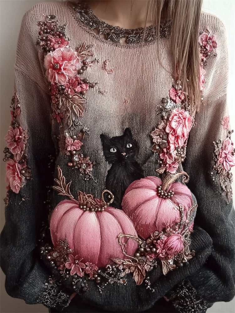 Black Cat & Pink Pumpkins Floral Gradient Knit Sweater elevenforest