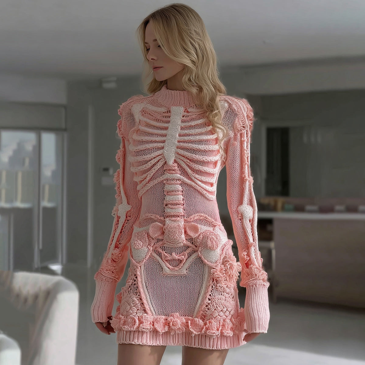 Comstylish Women's Halloween Skeleton Bones Leather With Rose Pattern Art Hot Sexy Style Cozy Knit Mini Sweater Dress