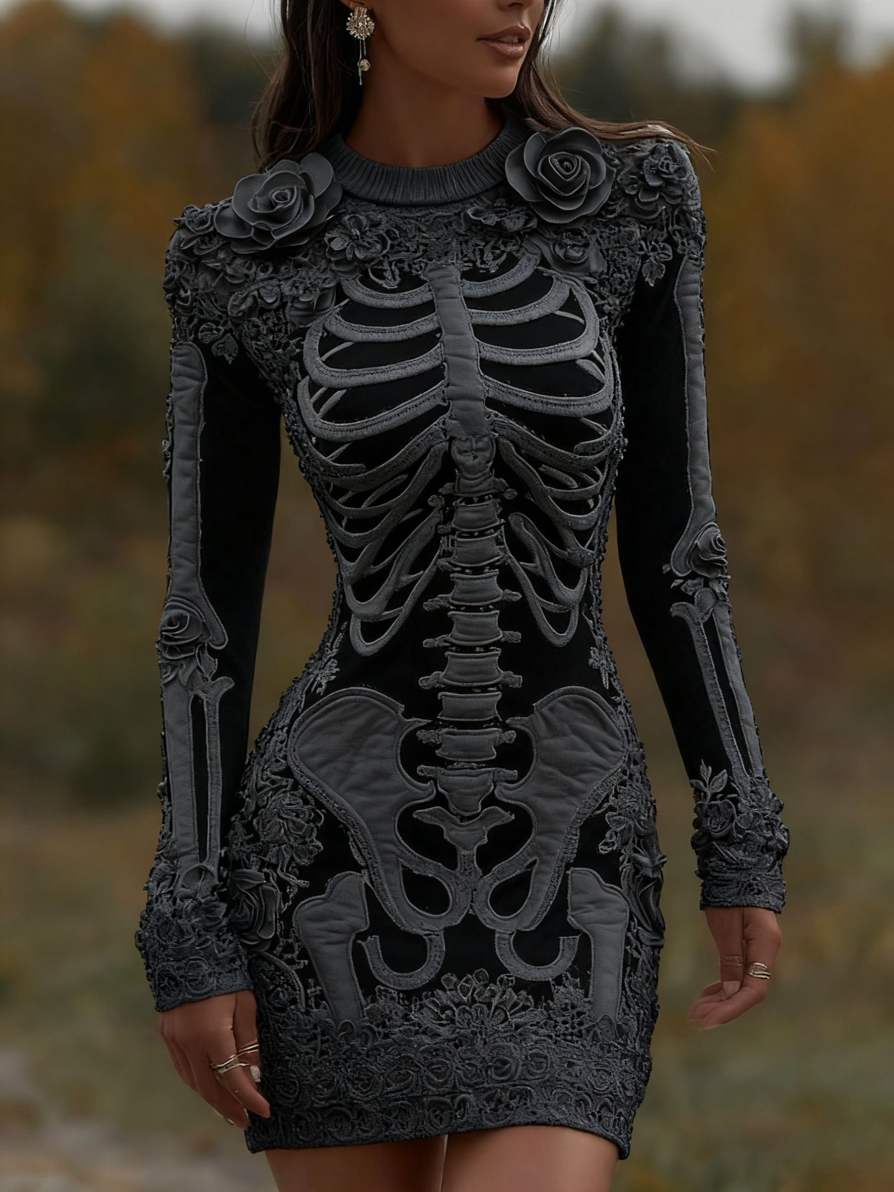 Comstylish Women's Vintage Halloween Skeleton Bones With Rose Art Cozy Knit Mini Sweater Dress