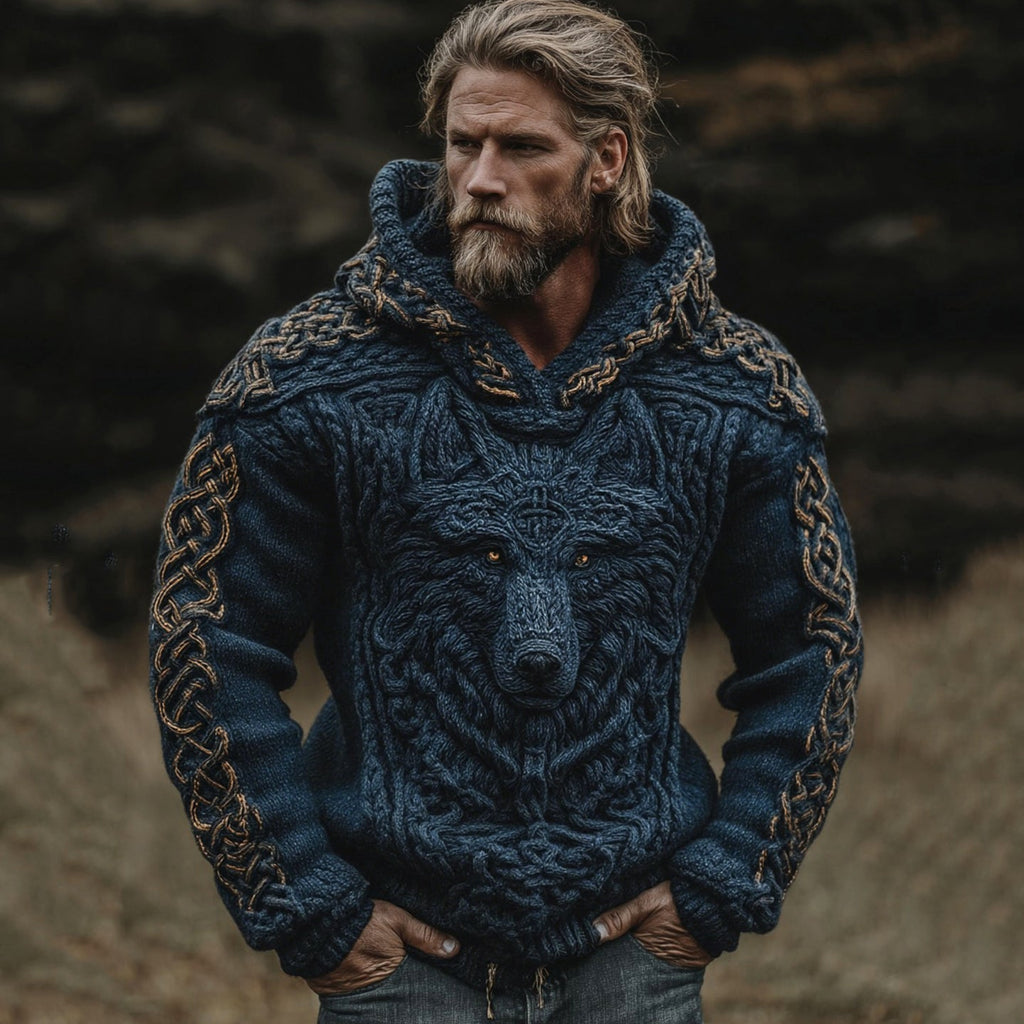 Men's Viking Wolf Celtic Knot Jacquard Knitted Hooded Sweater artswardrobe