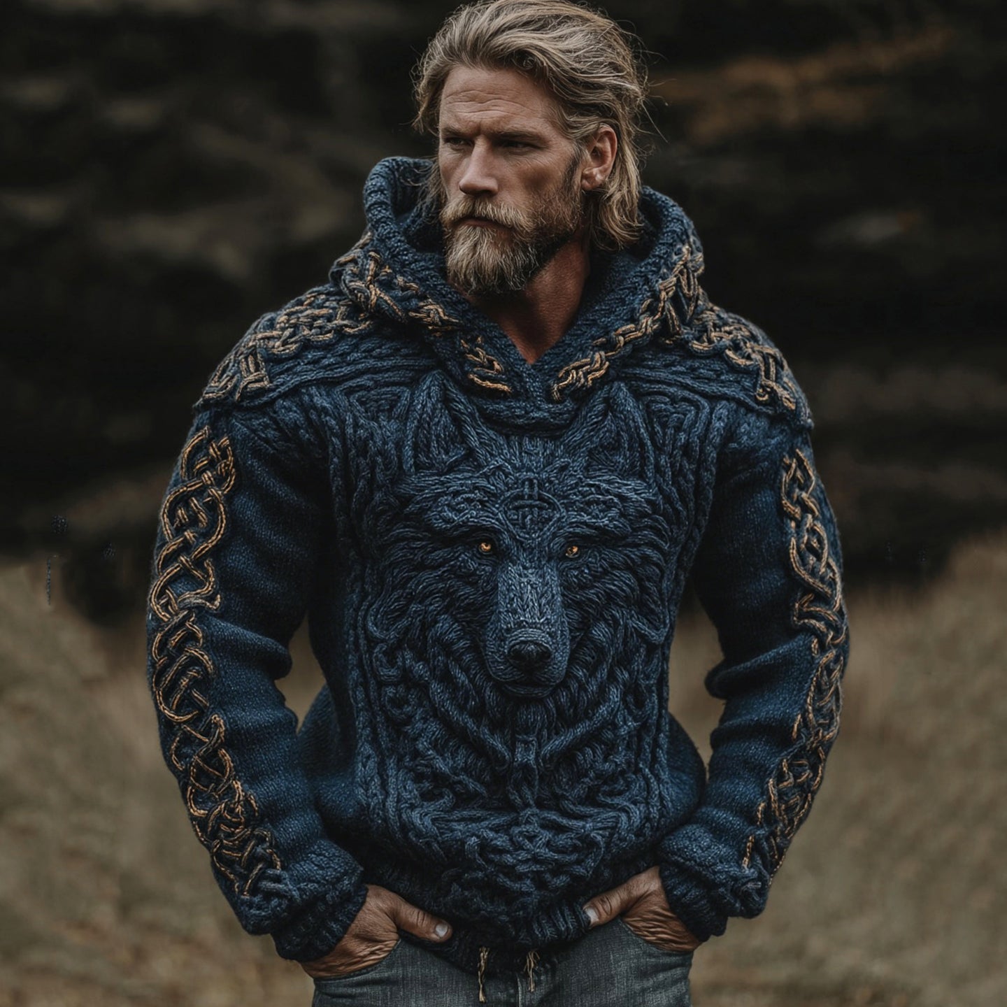 Men's Viking Wolf Celtic Knot Jacquard Knitted Hooded Sweater artswardrobe