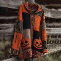 Vintage Patchwork Halloween Pumpkin Face Art Cozy Knit Hooded Sweater Coat artswardrobe