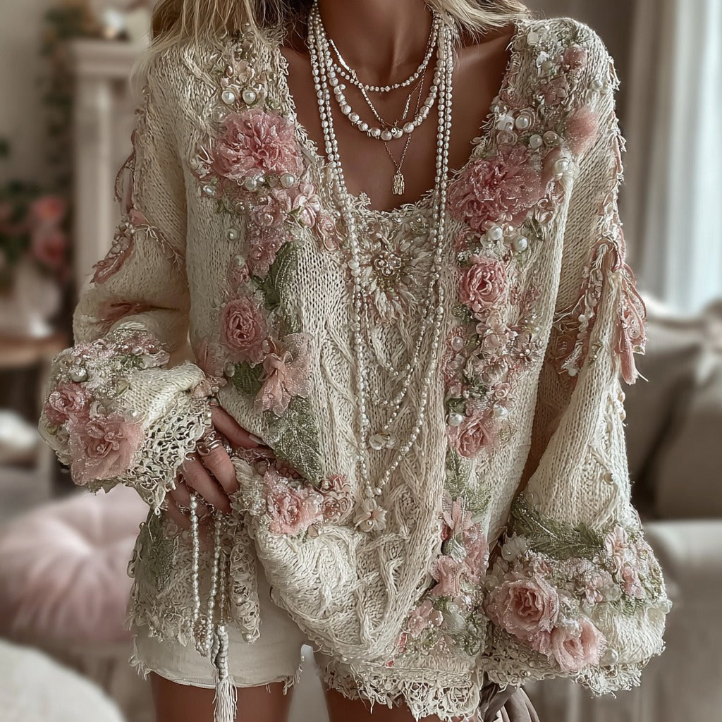 Women's Pink Rose Knitted Warm Long Sleeve V-neck Sweater artswardrobe