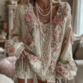 Women's Pink Rose Knitted Warm Long Sleeve V-neck Sweater