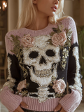 Comstylish Halloween Skeleton And Plant Flower Pattern Combined Design Women's Knitted Sweater