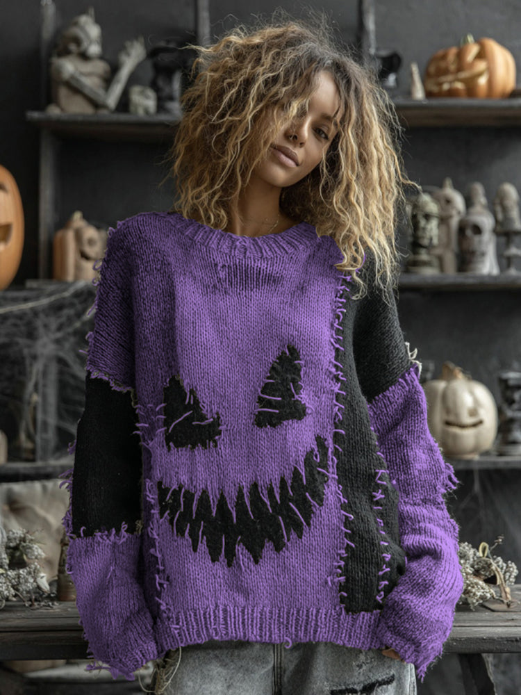 Halloween Spooky Face Contrast Stitched Cozy Knit Sweater elevenforest