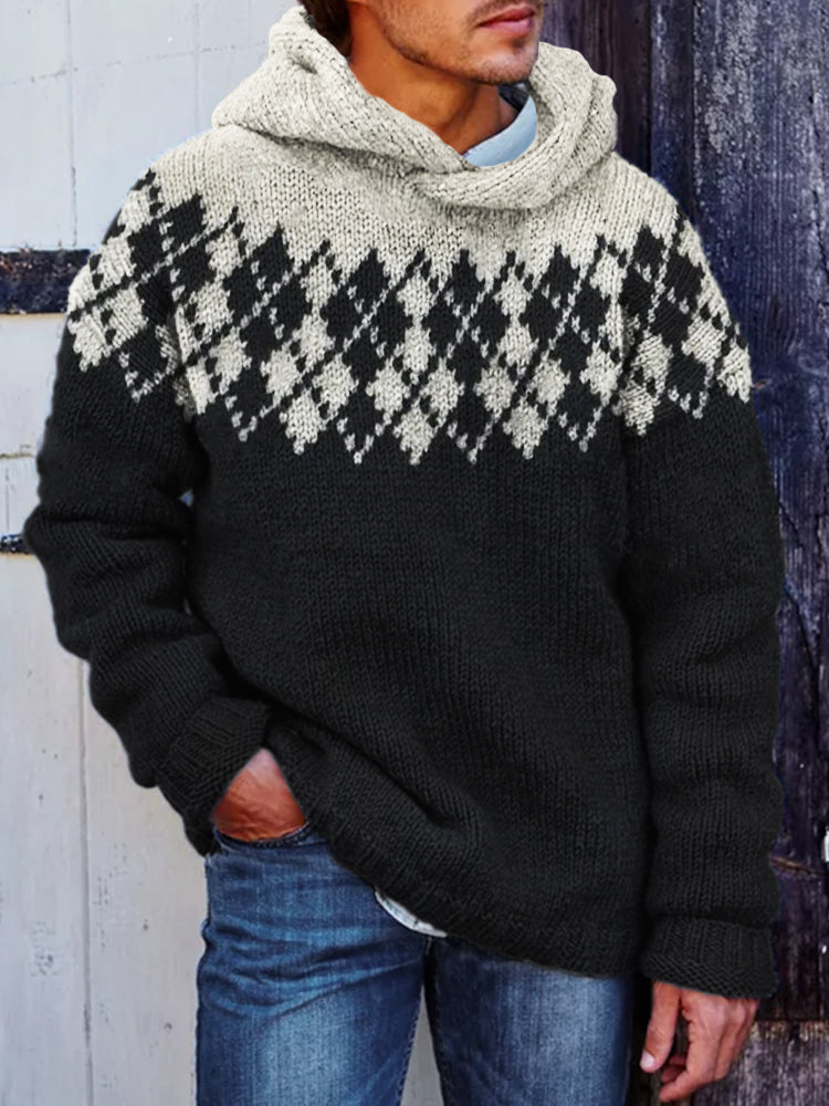 Men's Retro Argyle Yoke Contrast Color Cozy Knit Hooded Sweater artswardrobe