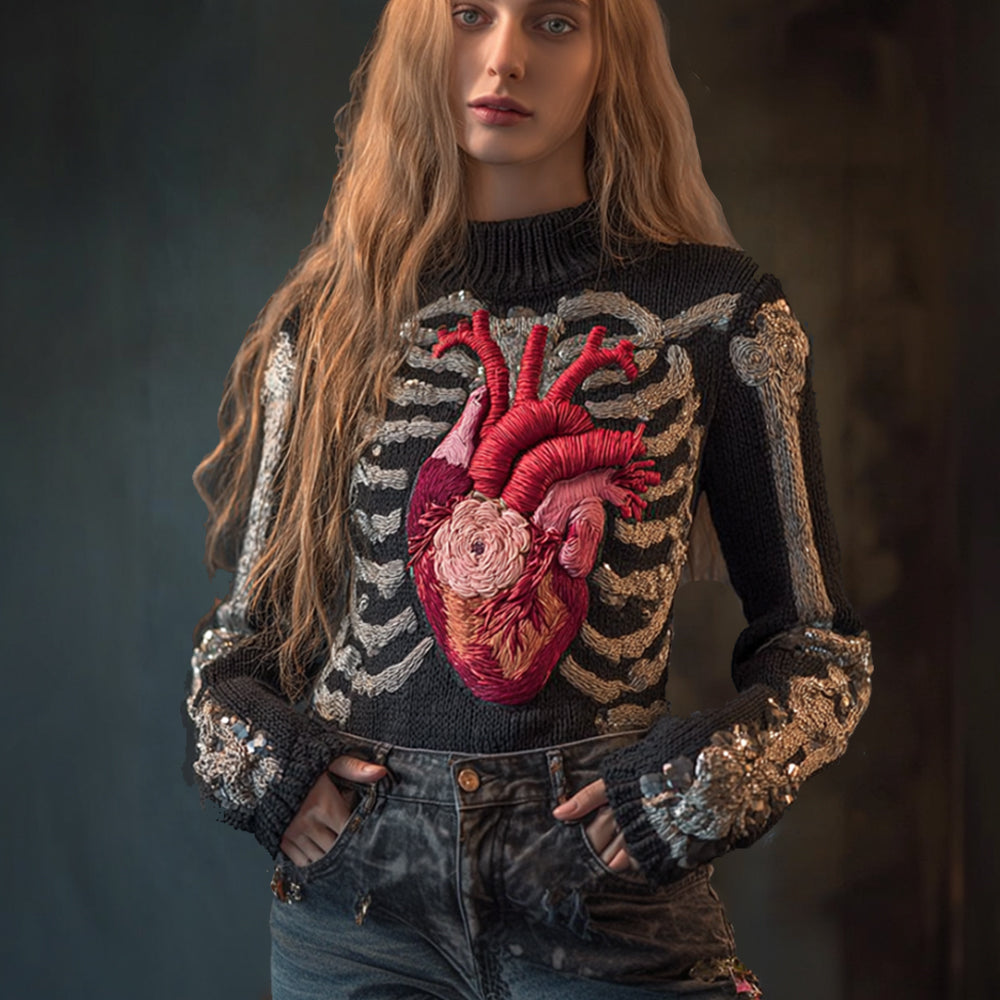 Comstylish Female Anatomy Art Heart Antique Black Round Neck Sweater