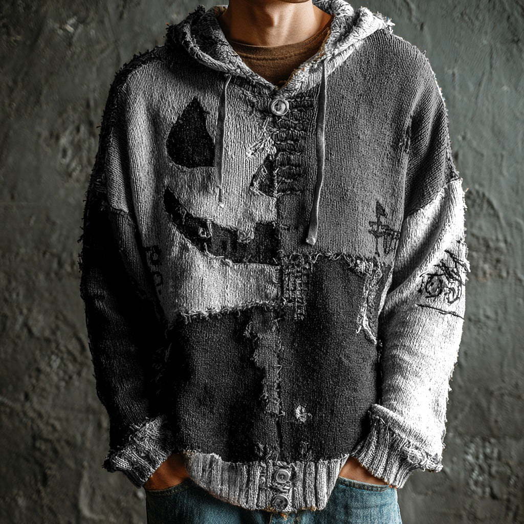 Men's Halloween Pumpkin Face Colorblock Stitched Cozy Knit Hooded Sweater artswardrobe