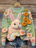 Cute Bunny & Floral Felt Art Cozy Knit Sweater artswardrobe