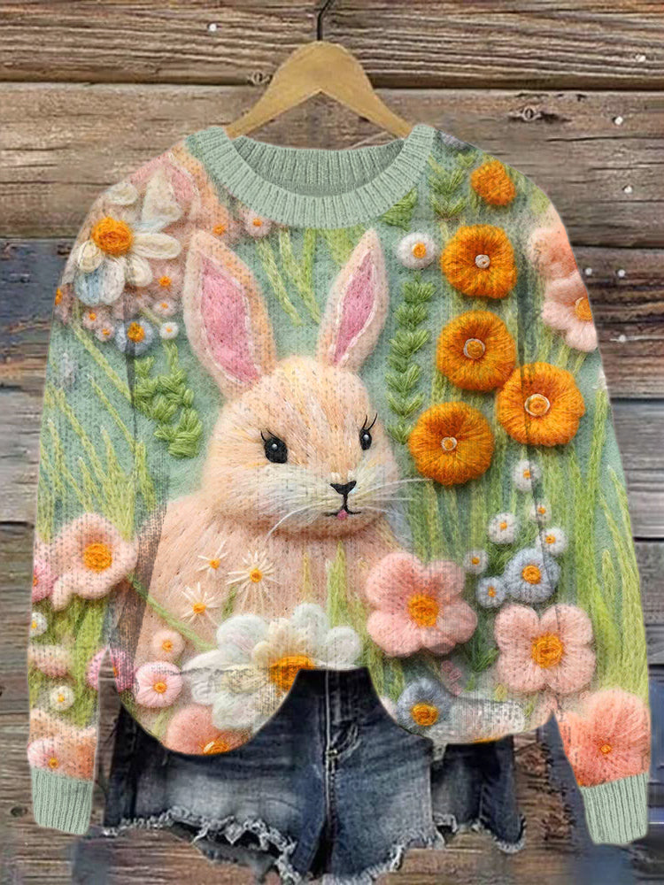 Cute Bunny & Floral Felt Art Cozy Knit Sweater artswardrobe