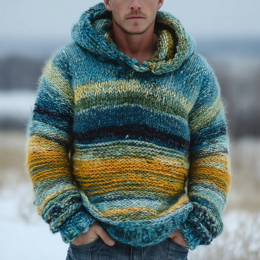 Men's Colorful Striped Contrast Warm Knitted Hooded Sweater artswardrobe