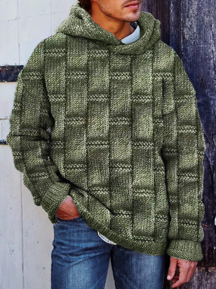 Men's Retro Woven Geometric Jacquard Cozy Hooded Sweater artswardrobe