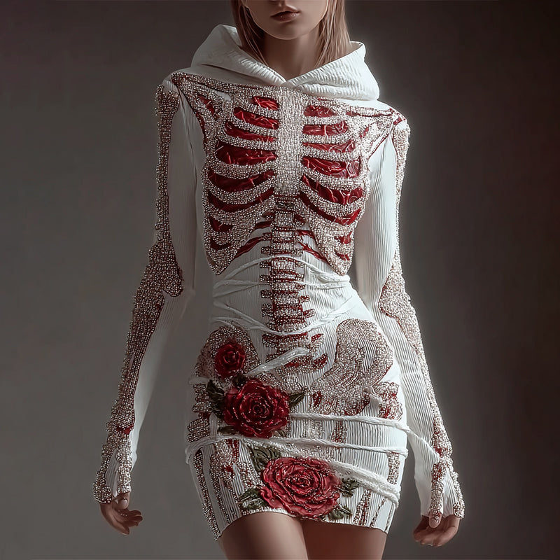 Comstylish Women's Skeleton Roses Bandages Sequins Art Cozy Knit Hooded Mini Sweater Dress