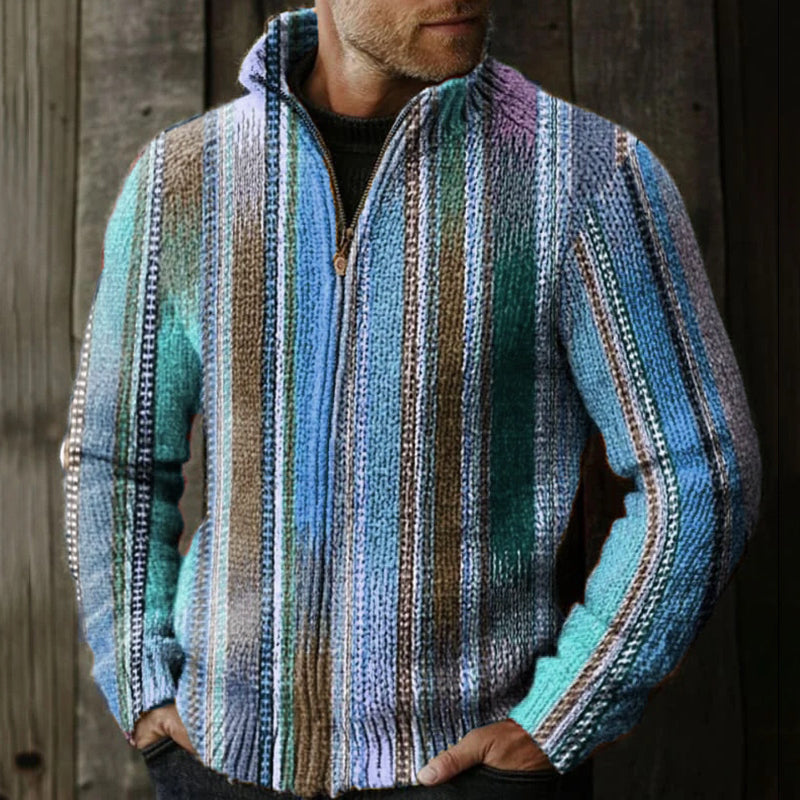 Men's Retro Colorful Striped Pattern Knitted Zip Sweater elevenforest