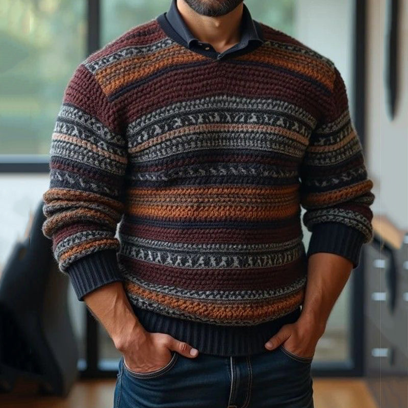 Men'S Retro Stripes Ethnic Art Cozy Knit Sweater artswardrobe