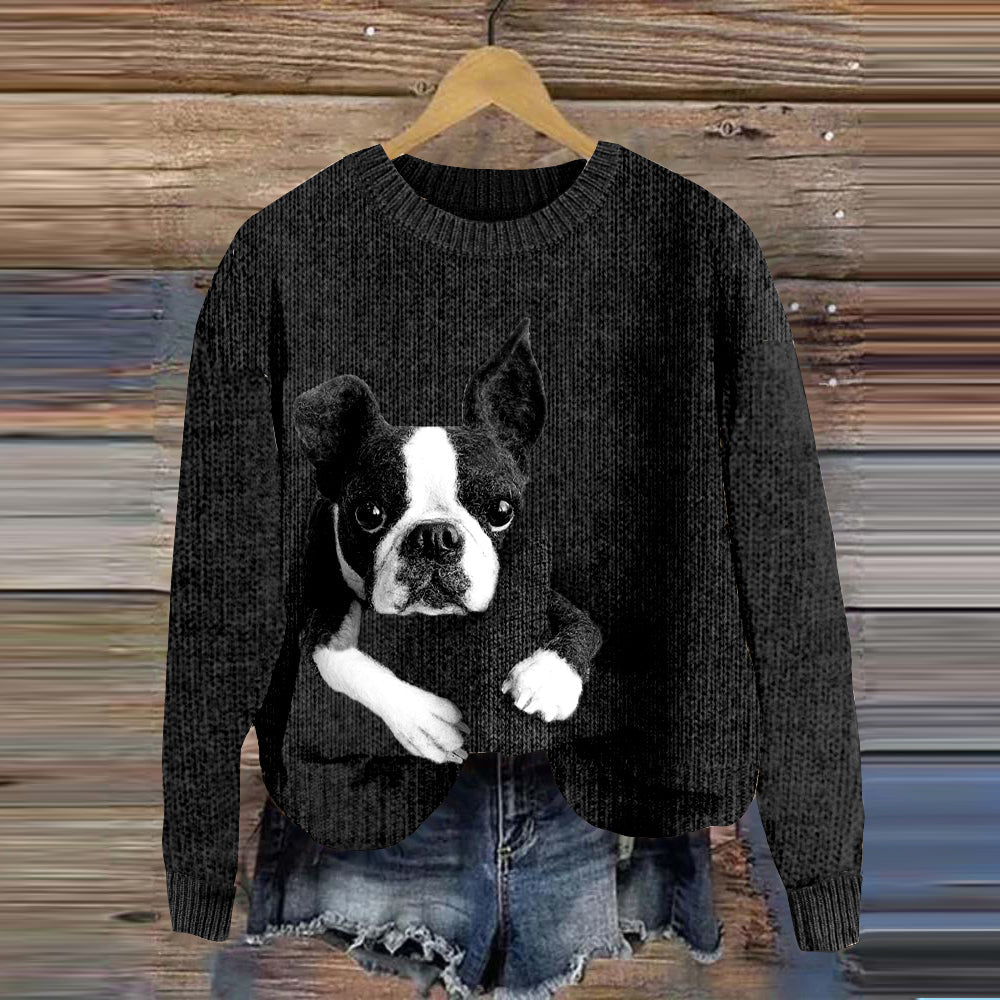 Comstylish Cute Boston Terrier Lazy Puppy Applique Wool Felt Art Cozy Sweater