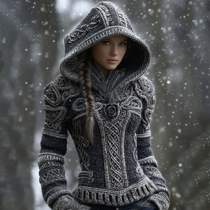 Women's Viking Celtic Knot With Rose Art Winter Warmth Knit Hooded Sweater