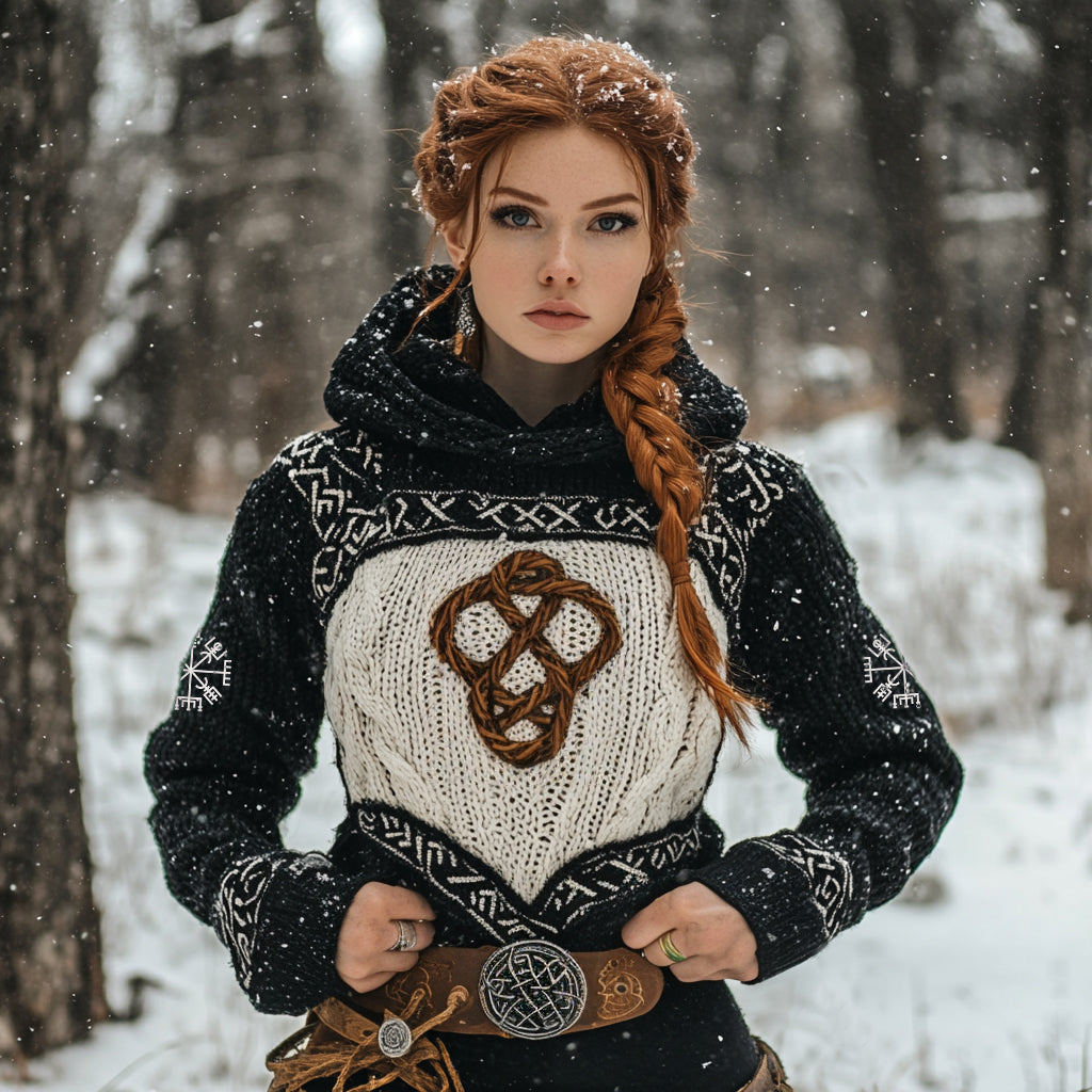 Women's Viking Tribal Jacquard Celtic Inspired Chunky Knit Hooded Sweater artswardrobe