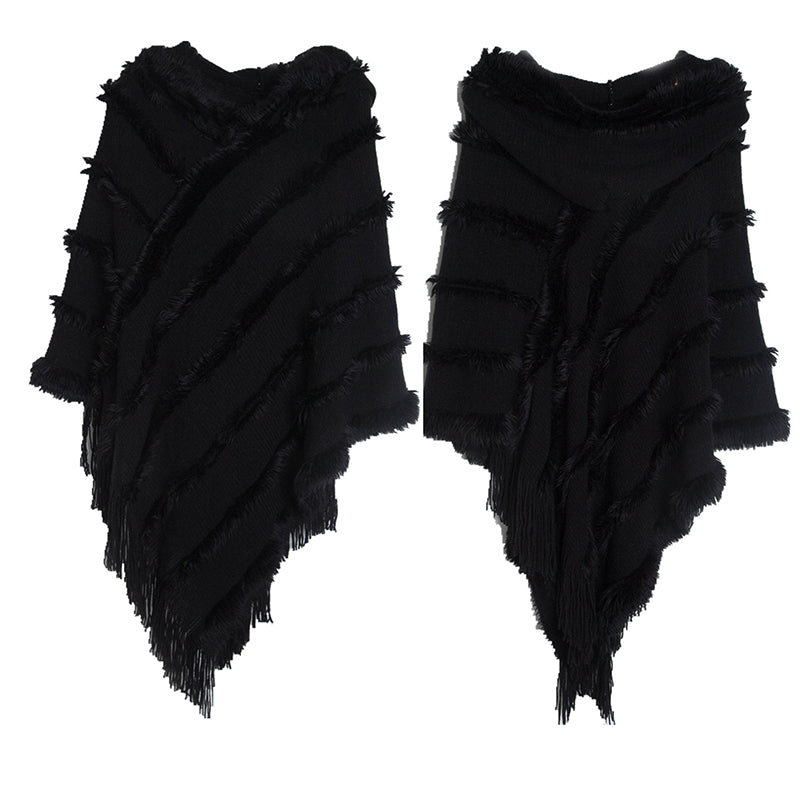 Vintage Solid Fringed Hooded Sweater Pullover Shawl elevenforest