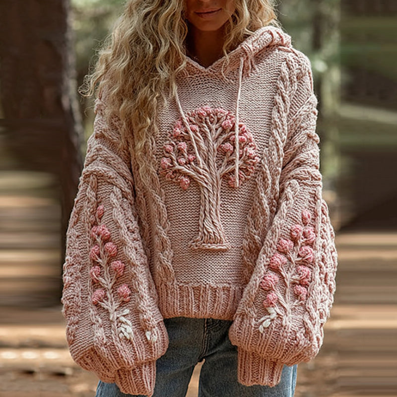 Women's Viking Tree Of Life Floral Art Knit Hooded Sweater artswardrobe