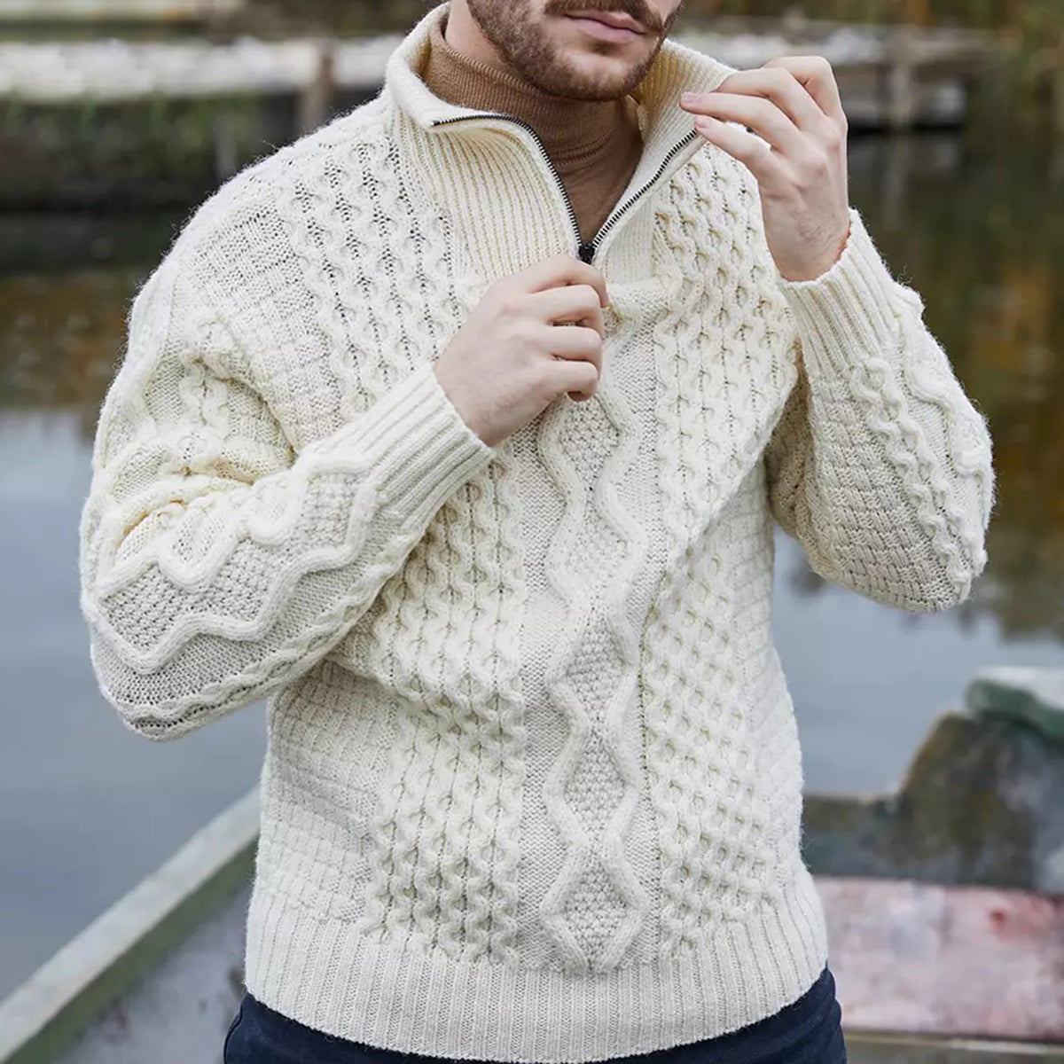 Men'S Vintage Cable Knit Aran Zip Neck Turtleneck Sweater artswardrobe