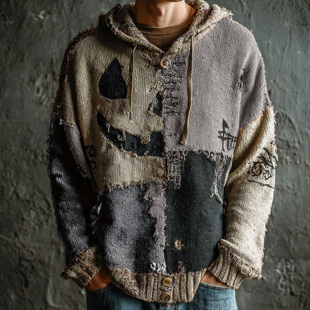 Men's Halloween Pumpkin Face Colorblock Stitched Cozy Knit Hooded Sweater artswardrobe
