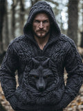 Men's Black Wolf Viking Celtic Chunky Hooded Sweater artswardrobe