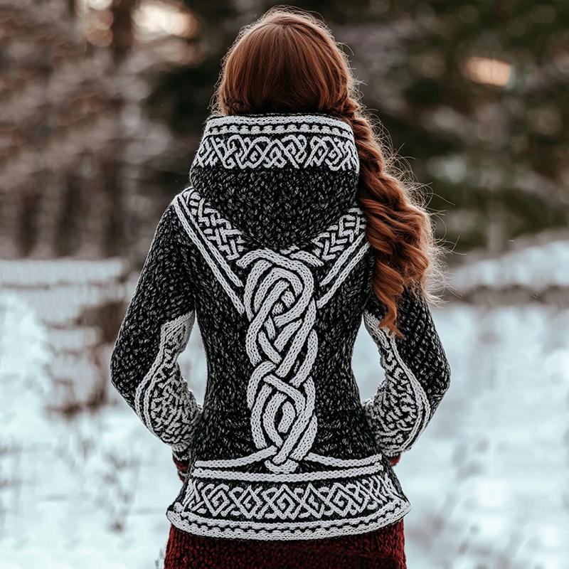 Women's Viking Style Color Block Knitted Jacquard Hooded Sweater artswardrobe