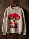 Comstylish Women's Retro Mushroom Print Crew Neck Sweater