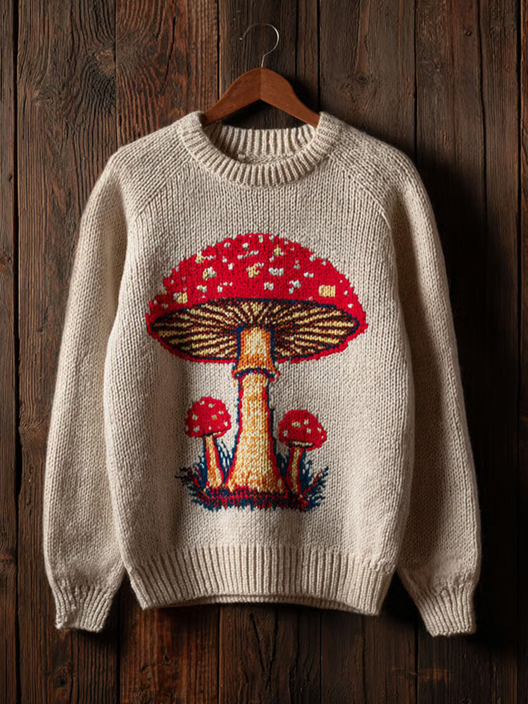 Comstylish Women's Retro Mushroom Print Crew Neck Sweater
