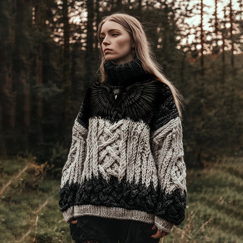 Women's Viking Rune Gradient Bird Graphics Celtic  Jacquard Turtleneck Sweater artswardrobe