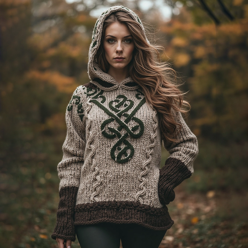 Women's Celtic Knot Thick Rope Braid Hooded Sweater artswardrobe