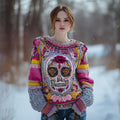 Women's Vintage Sugar Skull And Floral Knit Jacquard Crew Neck Sweater elevenforest