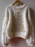 Comstylish Vintage Christmas Trees Pearls Beaded Cozy Fuzzy Sweater
