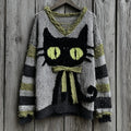 Halloween Black Cat Striped Knit V-neck Sweater artswardrobe