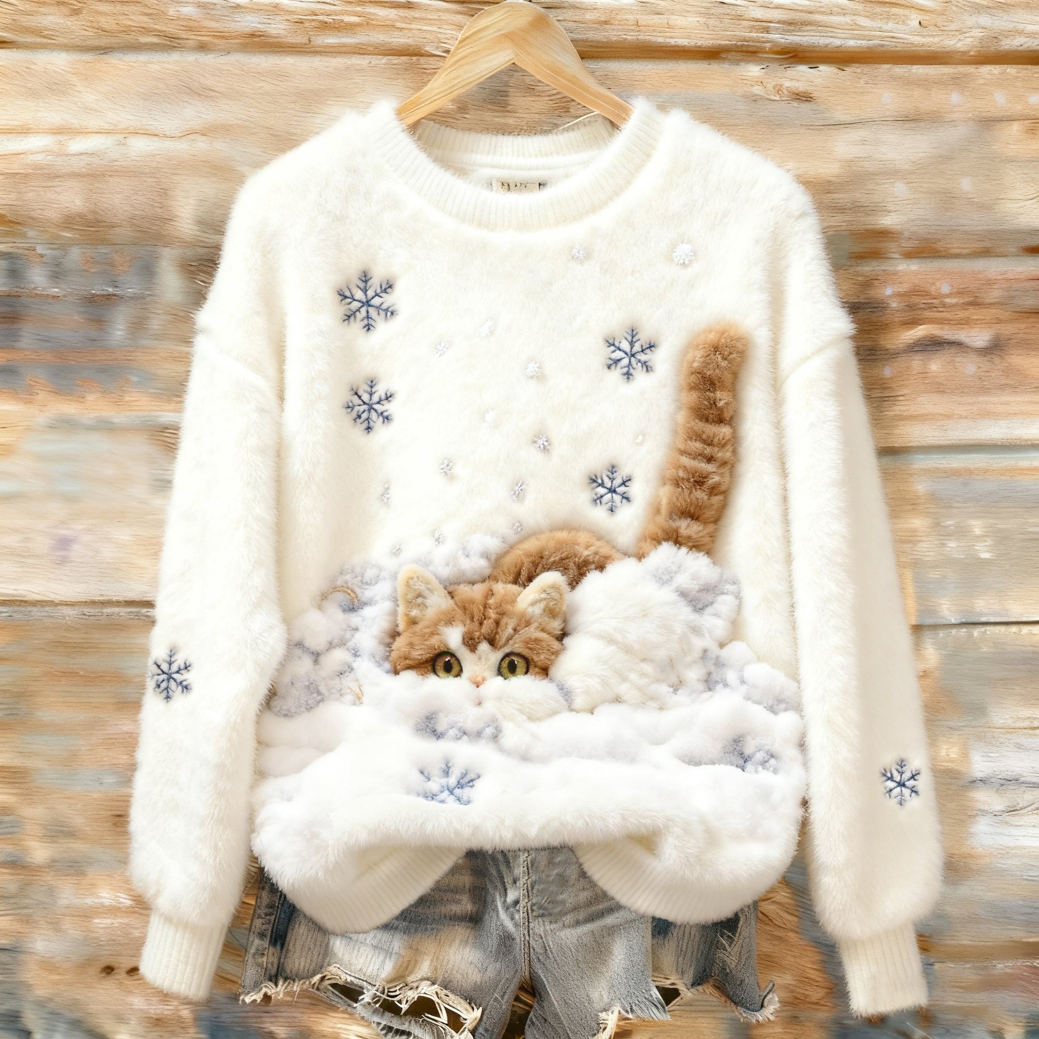 Lovely Cat In The Snow Round Neck Plush Knitted Sweaters