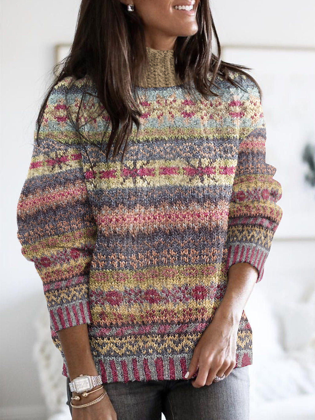 Retro Ethnic Pattern Turtleneck Sweater elevenforest