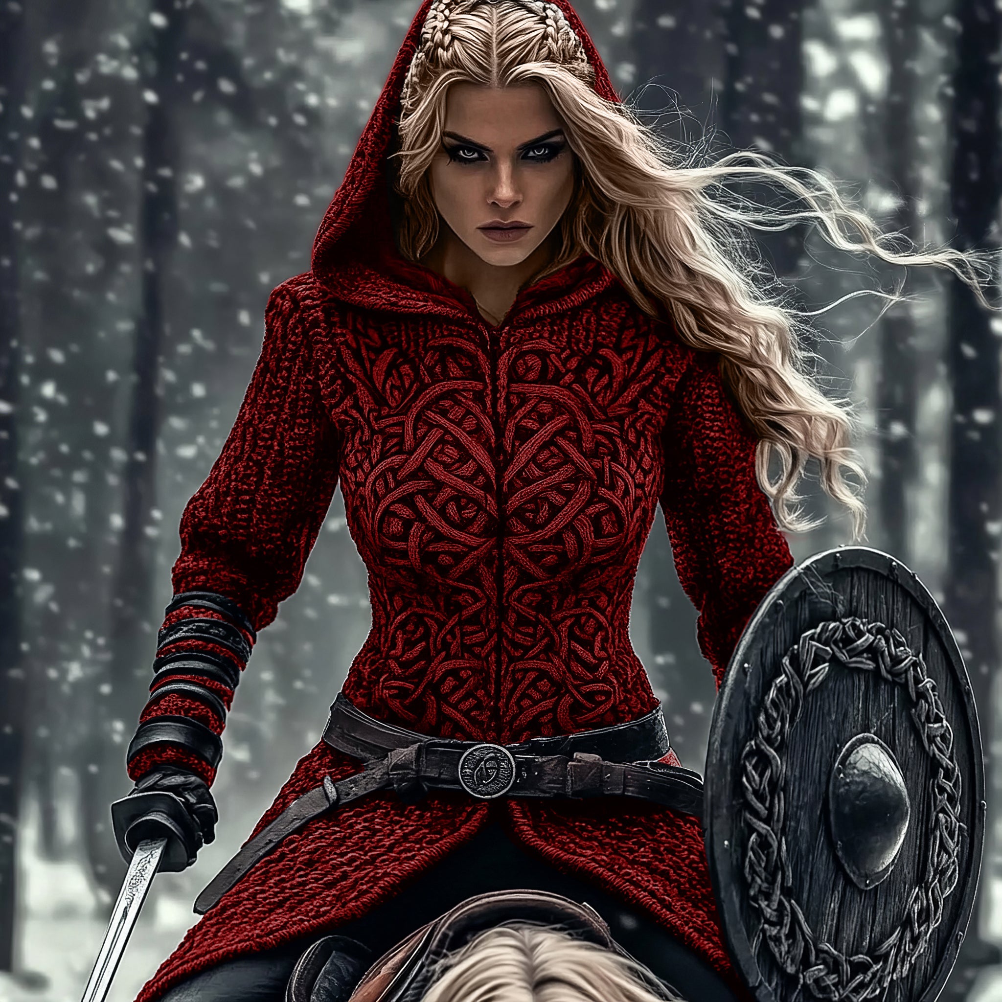 Women's Viking Tribal Jacquard Celtic Chunky Knit Zip-up Hooded Sweater elevenforest