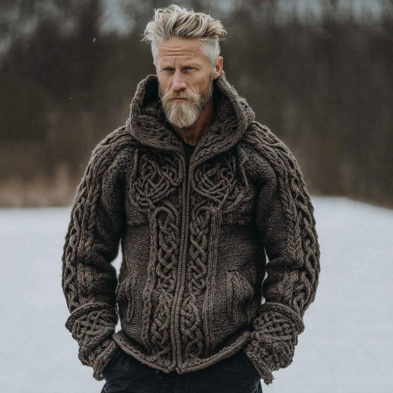 Men's Vintage Celtic Knot Jacquard Zipper Hooded Aran Sweater artswardrobe