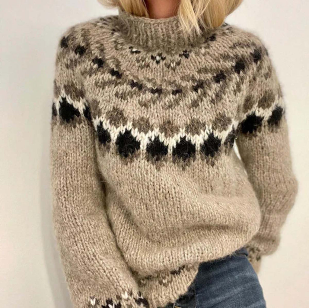 Vintage Geometric Contrast Jacquard Mid Neck Sweater elevenforest