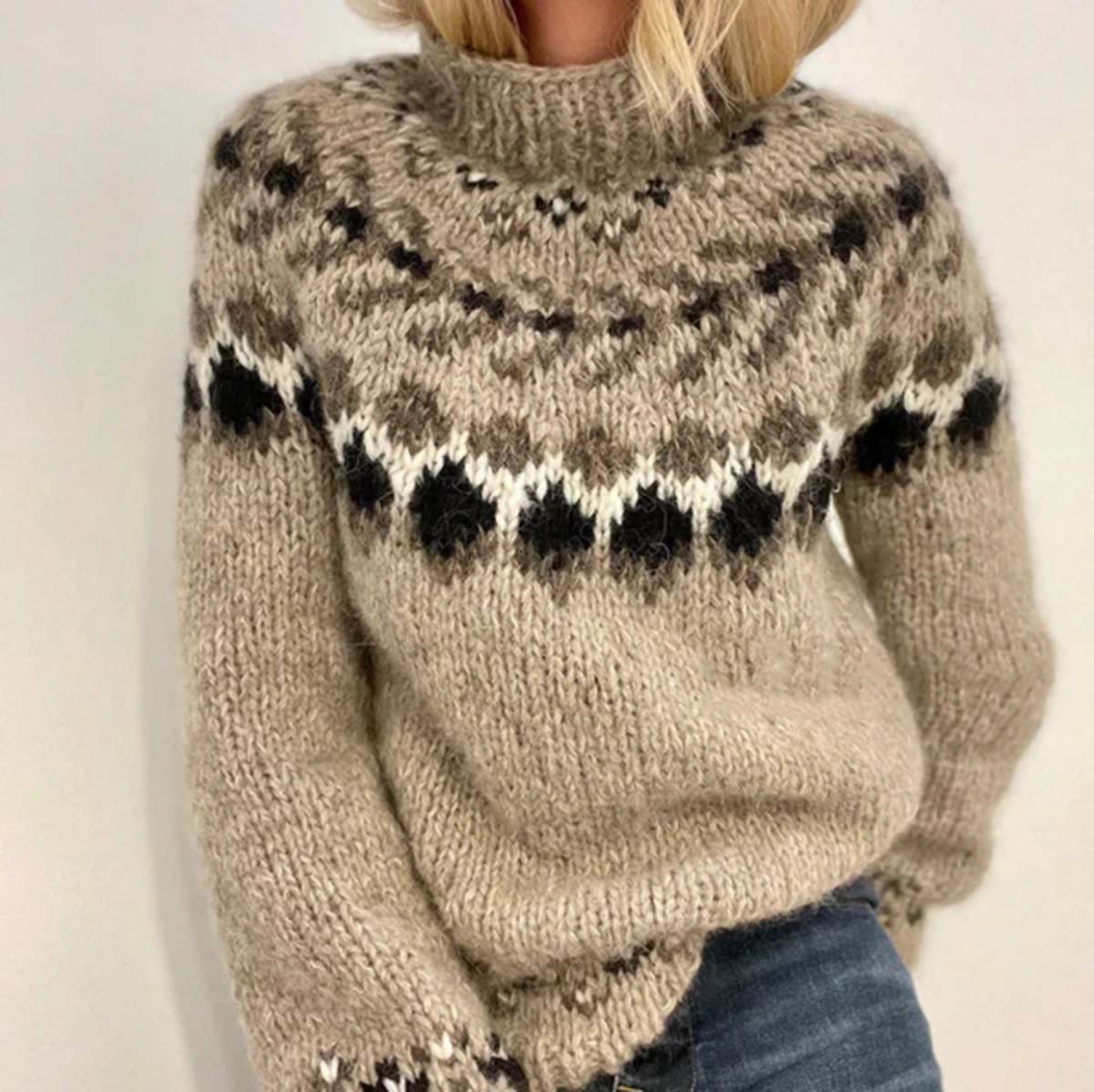 Vintage Geometric Contrast Jacquard Mid Neck Sweater elevenforest