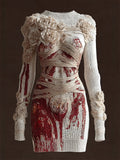 Comstylish Halloween Bloody Roses Bandages Cozy Knit Sweater Dress