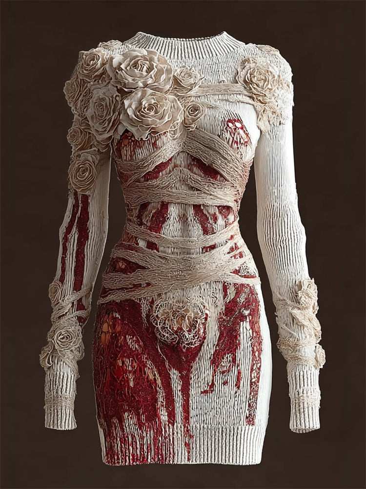 Comstylish Halloween Bloody Roses Bandages Cozy Knit Sweater Dress