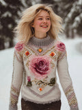 Comstylish Boho Rose Gradient Knit Embroidered Art Women's Turtleneck Icelandic Sweater