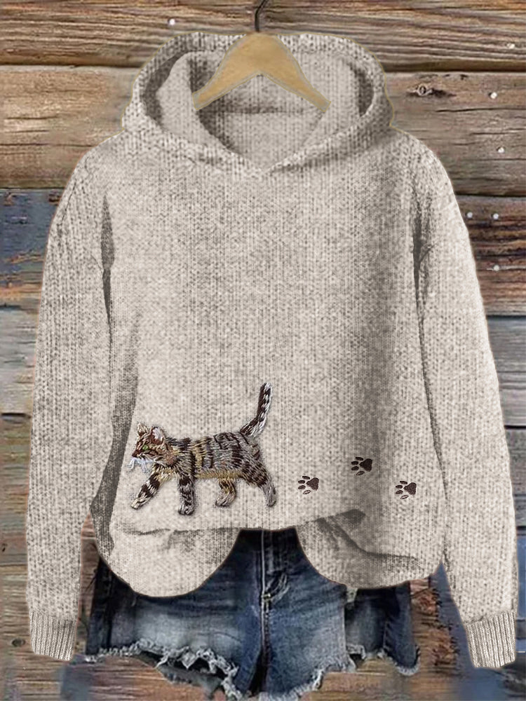 Comstylish Cat & Paw Prints Embroidered Cozy Knit Hooded Sweater