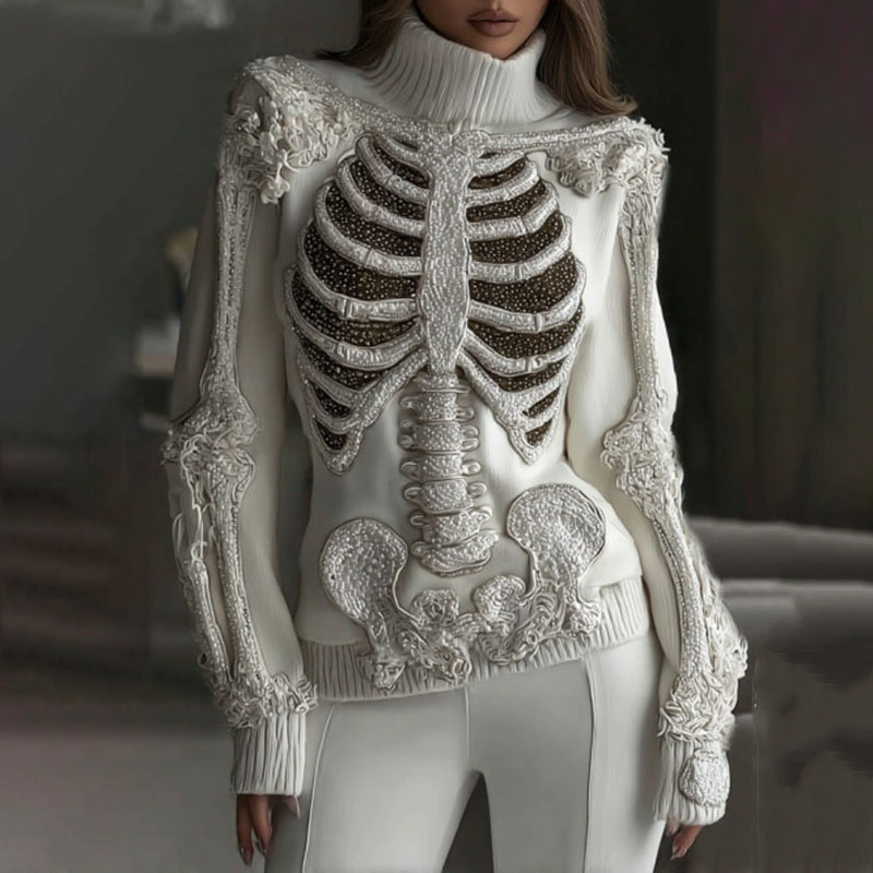 Comstylish Women's Vintage Skeleton Sequins & Floral Art Cozy Sweater
