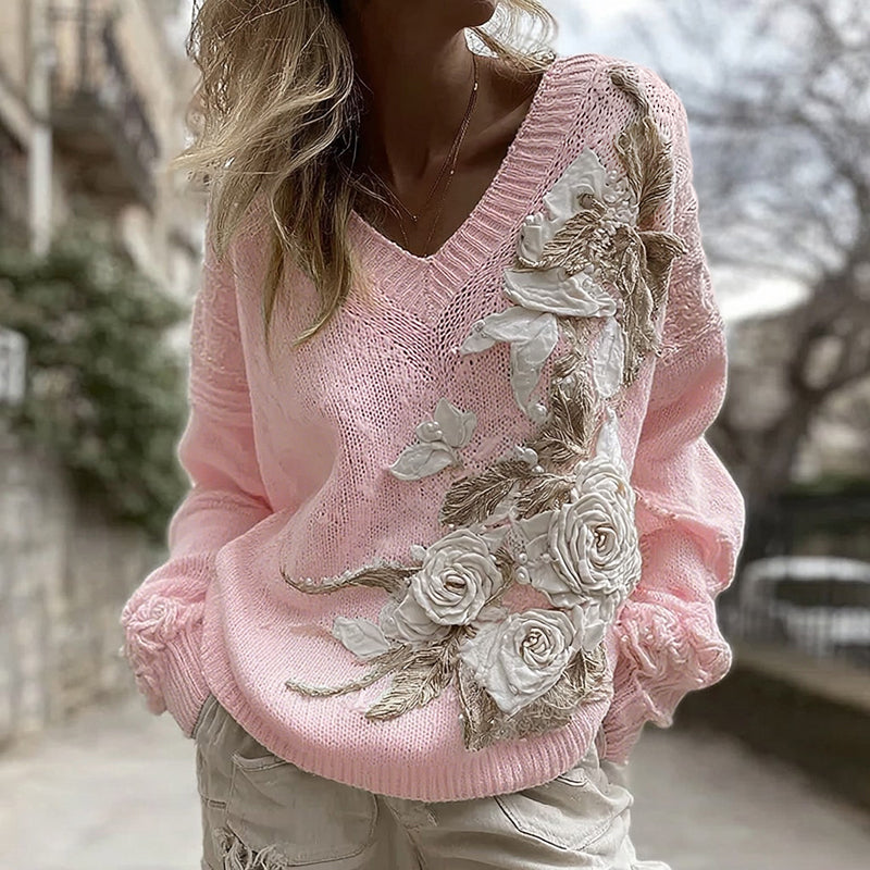 Women's White Rose Knitted Warm V-neck Sweater artswardrobe